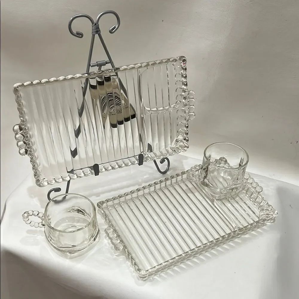 Hazel Atlas Ball & Rib Elegant Clear Glass Smoke Snack & Sip Tray 6 Oz Cup Set
